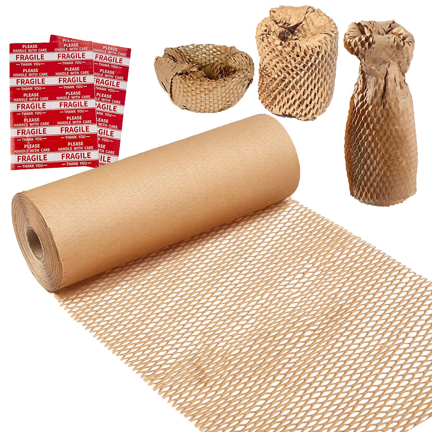 Honeycomb Packing Paper,12" W x 200' L Bubble Cushioning Wrap for Moving,Products & Gifts Wrapping Paper,Recyclable and Biodegradable Cushioning Packing Material with 20 Fragile Sticker Labels