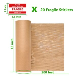 Honeycomb Packing Paper,12" W x 200' L Bubble Cushioning Wrap for Moving,Products & Gifts Wrapping Paper,Recyclable and Biodegradable Cushioning Packing Material with 20 Fragile Sticker Labels