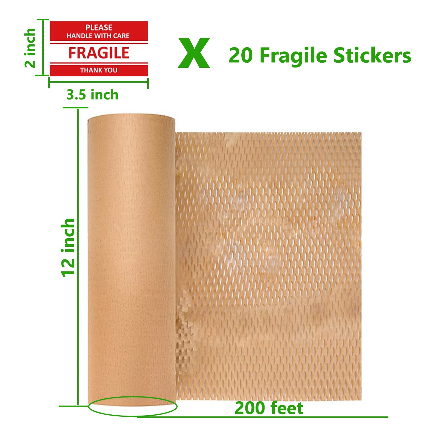 Honeycomb Packing Paper,12" W x 200' L Bubble Cushioning Wrap for Moving,Products & Gifts Wrapping Paper,Recyclable and Biodegradable Cushioning Packing Material with 20 Fragile Sticker Labels