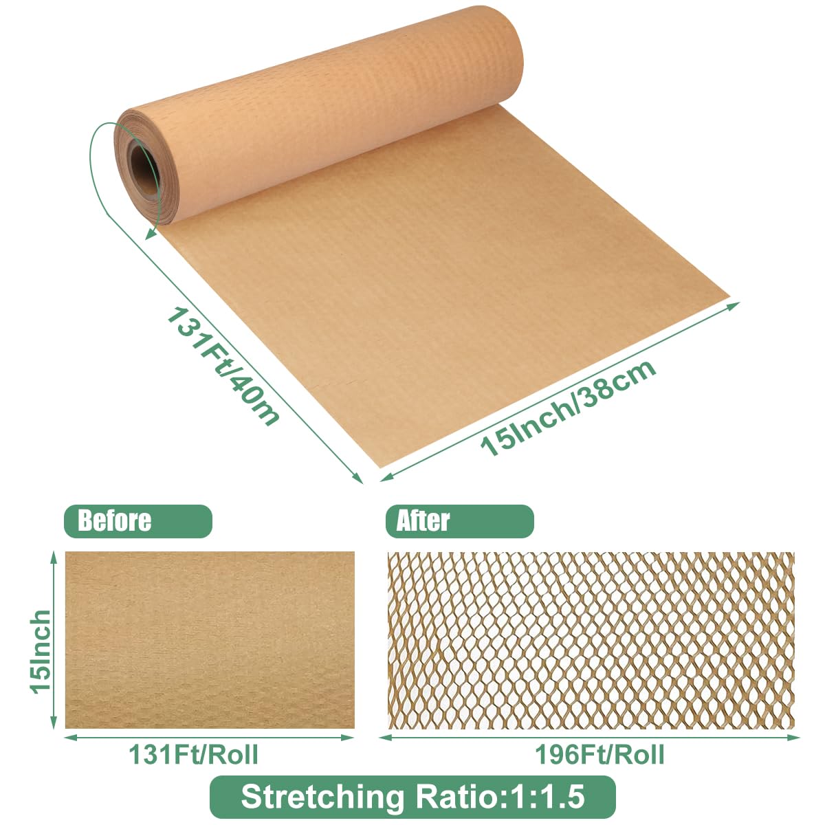 Honeycomb Packing Paper, 15" x 400' Honeycomb Paper Cushioning Wrap for Moving House Eco-Friendly Kraft Packing Paper for Gift Breakables as Bubble Wrap Roll Alternative