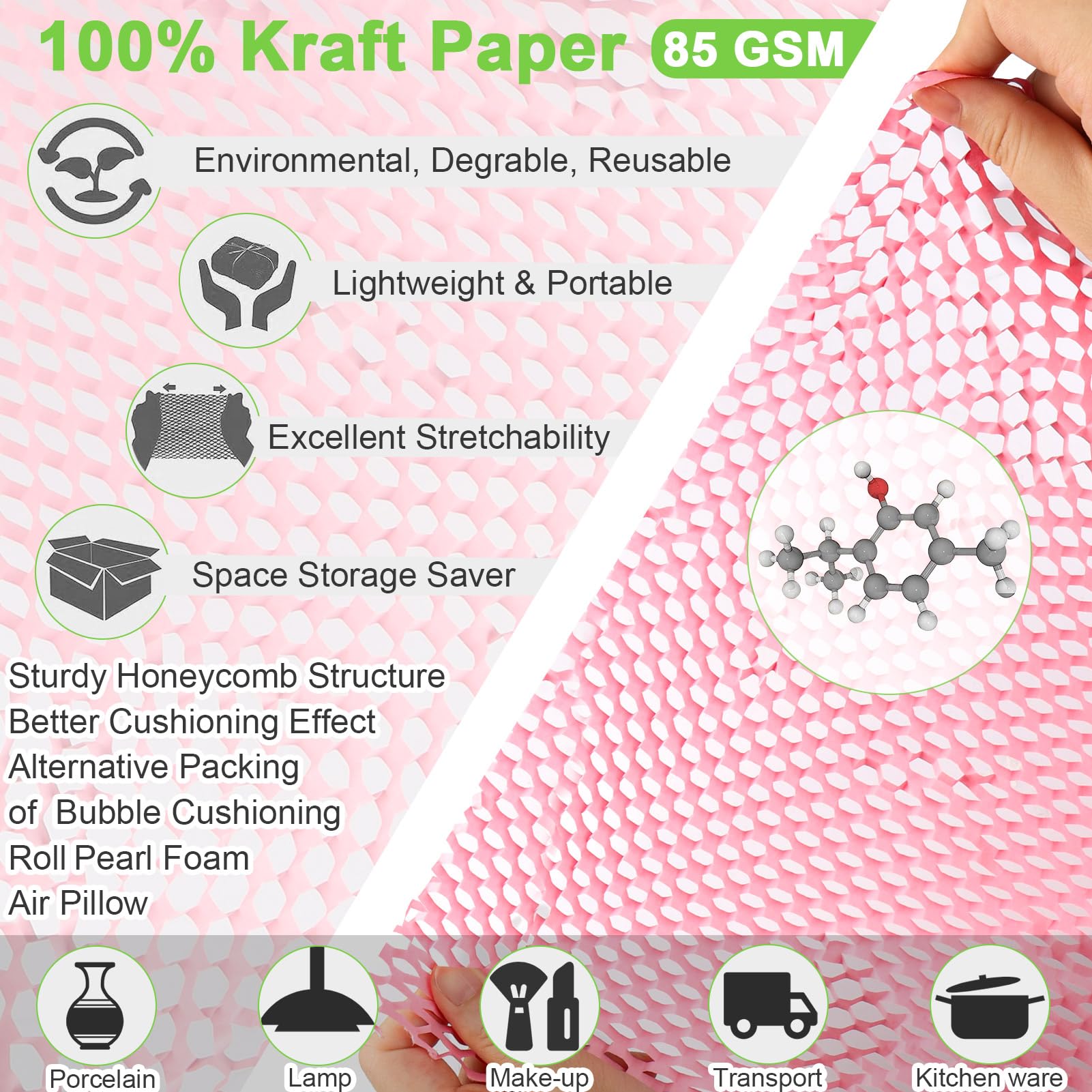 Honeycomb Packing Paper, 15" x 131'ft Honeycomb Cushioning Wrap Roll, Packing Paper Sheets for Moving Shipping with 20 Fragile Stickers, Recyclable Packing Wrap Honeycomb Paper Packing Supplies-Pink