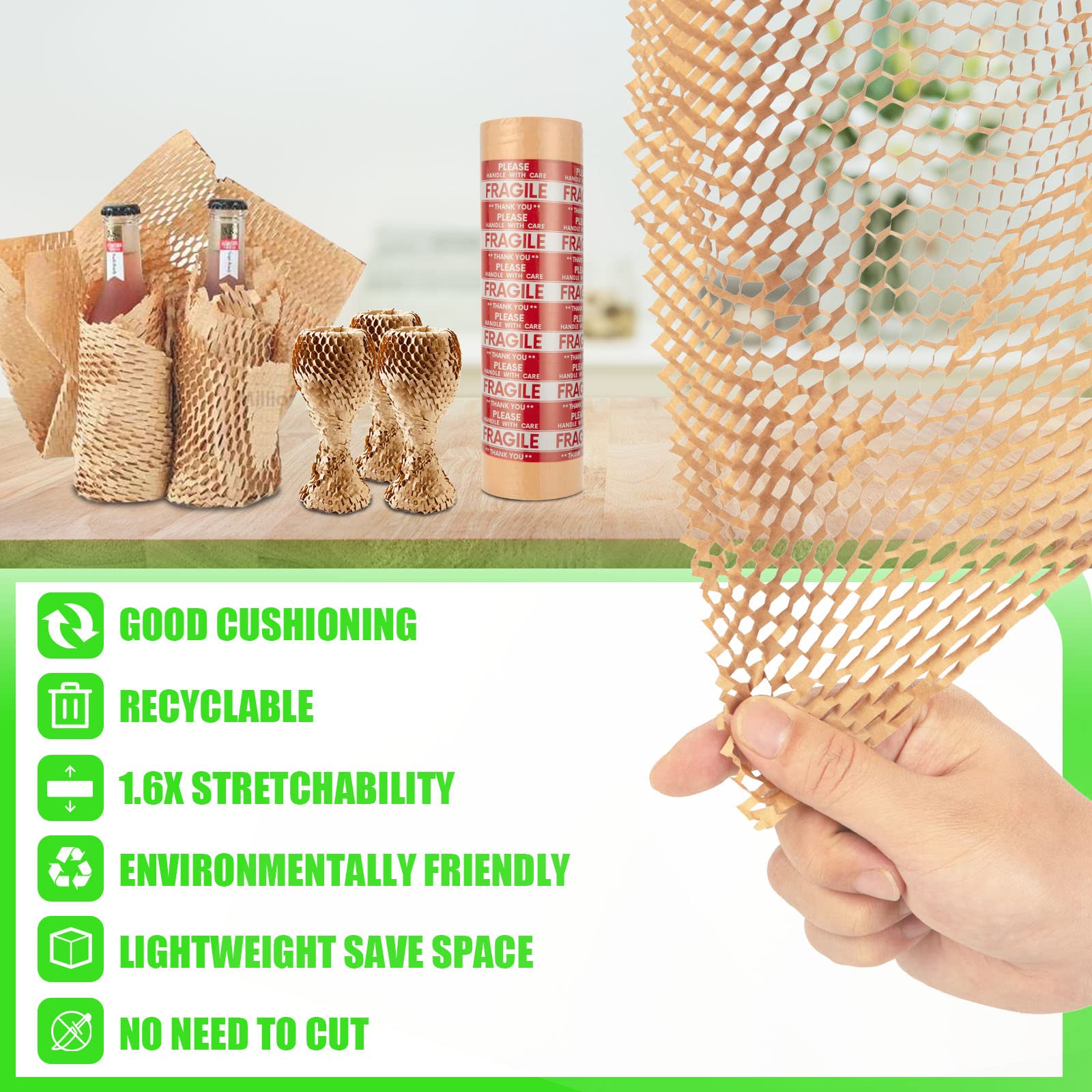 Honeycomb Packing Paper, MINHAO 15"x400' Eco Friendly Packing Paper for Moving Recyclable Honeycomb Paper Moving Supplies Bubble Paper Wrapping Protective Roll, With 36 Fragile Sticker Labels