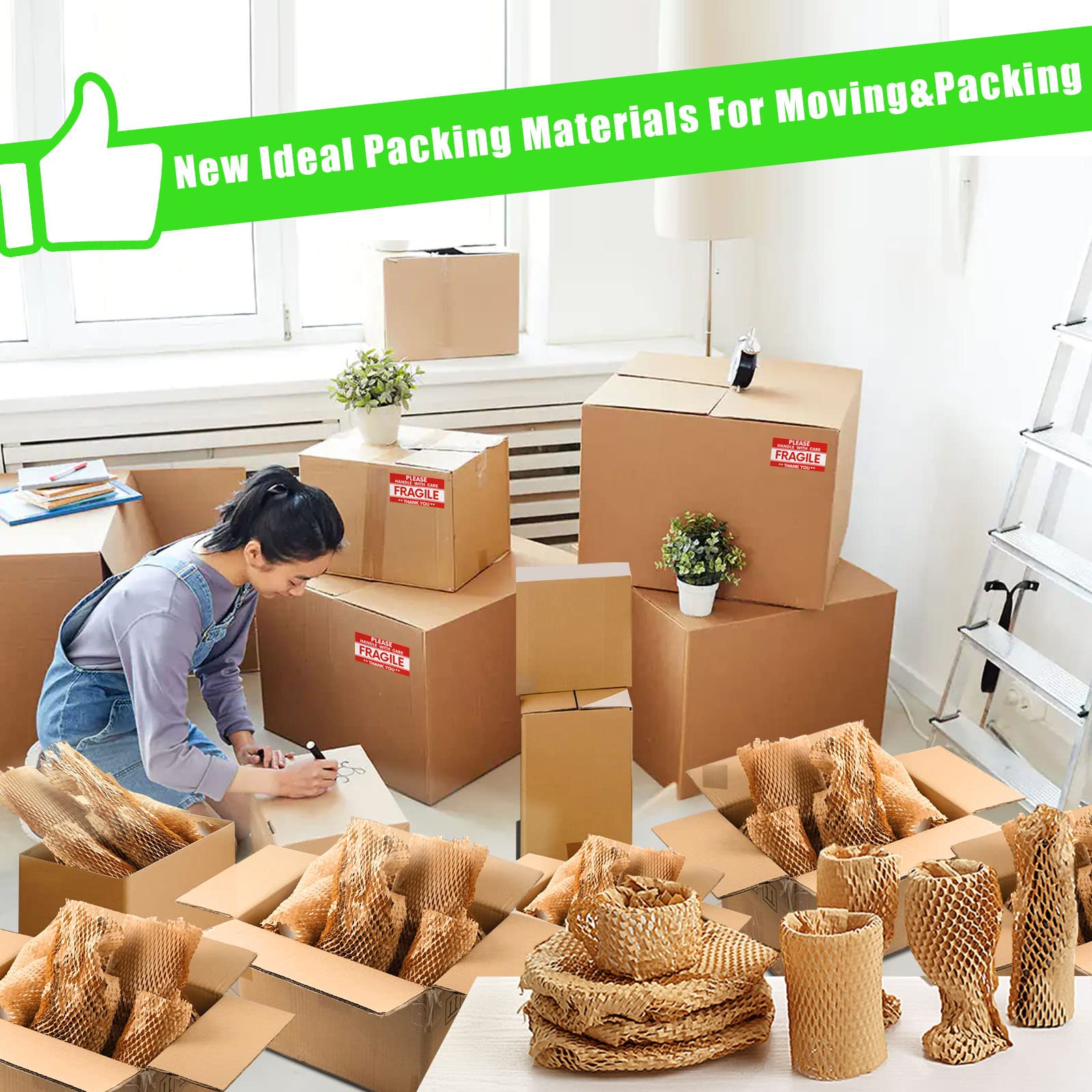 Honeycomb Packing Paper, MINHAO 15"x400' Eco Friendly Packing Paper for Moving Recyclable Honeycomb Paper Moving Supplies Bubble Paper Wrapping Protective Roll, With 36 Fragile Sticker Labels