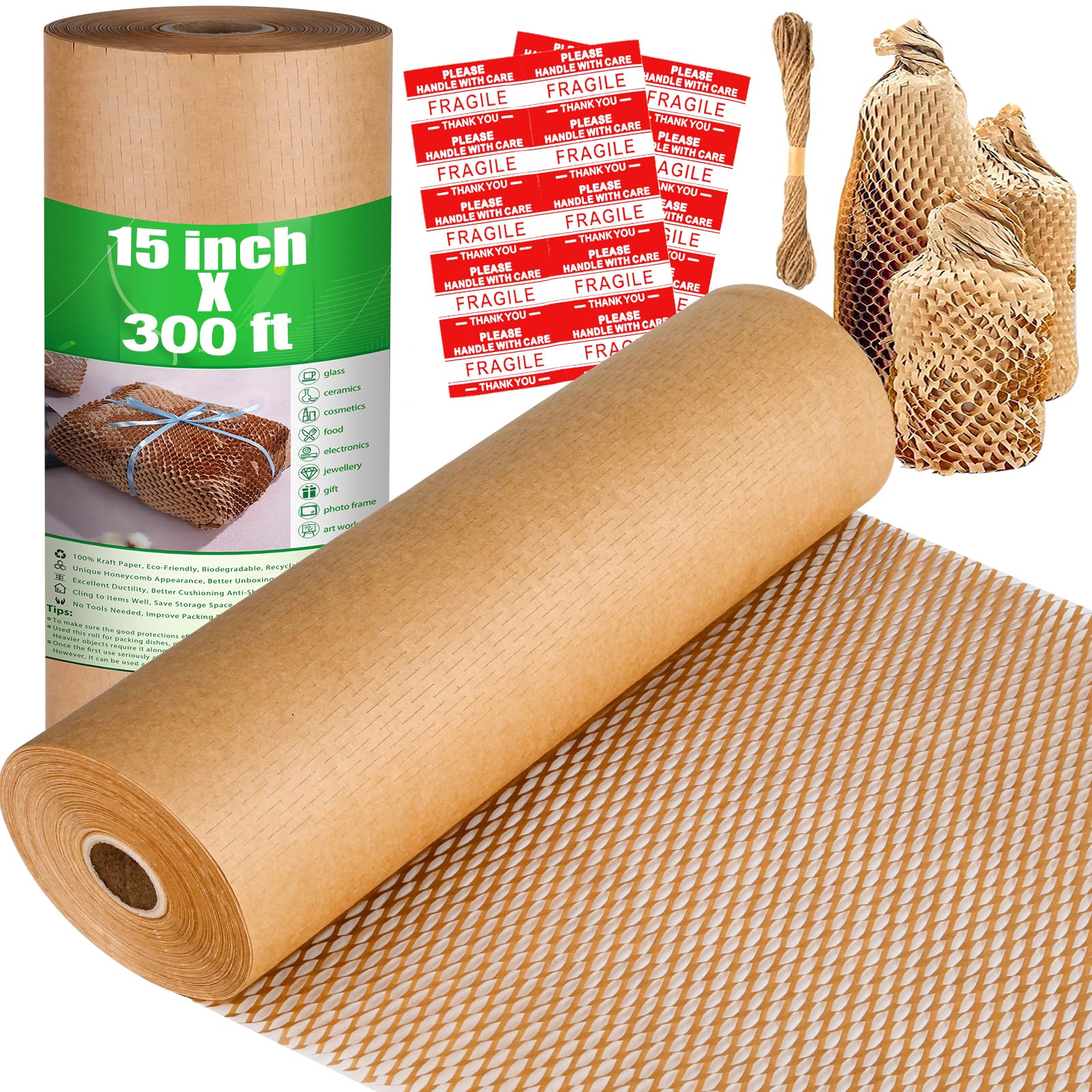 Honeycomb Packing Paper, 15" x 300' Recyclable Cushion Packing Paper for Moving Shipping Packaging Breakables, Eco Friendly Bubble Wrap Alternative Roll Kraft Honeycomb Paper with 20 Fragile Stickers