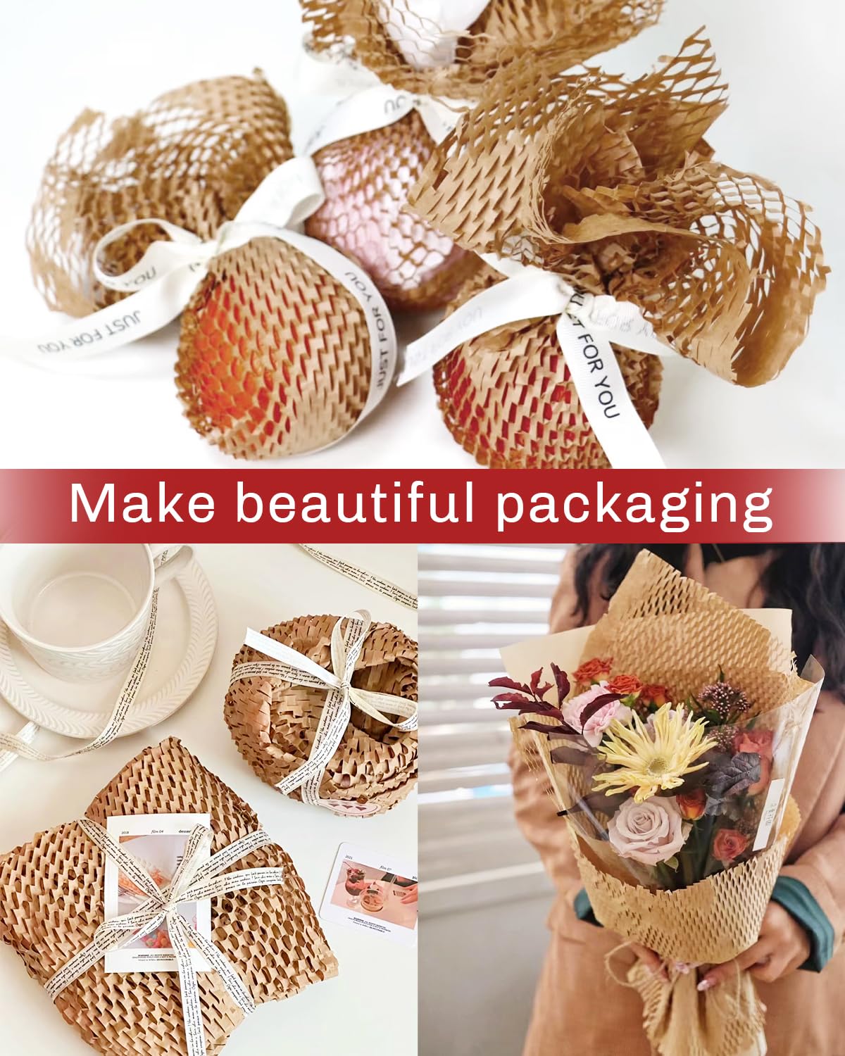 Honeycomb Packing Paper Wrap 15” x 158’, Brown Recycled Moving Supplies Eco-Friendly Bubble Paper Packing Wrapping for Fragile Items, Glassware, Ceramics, Electronics and Decorations Packaged Bouquet