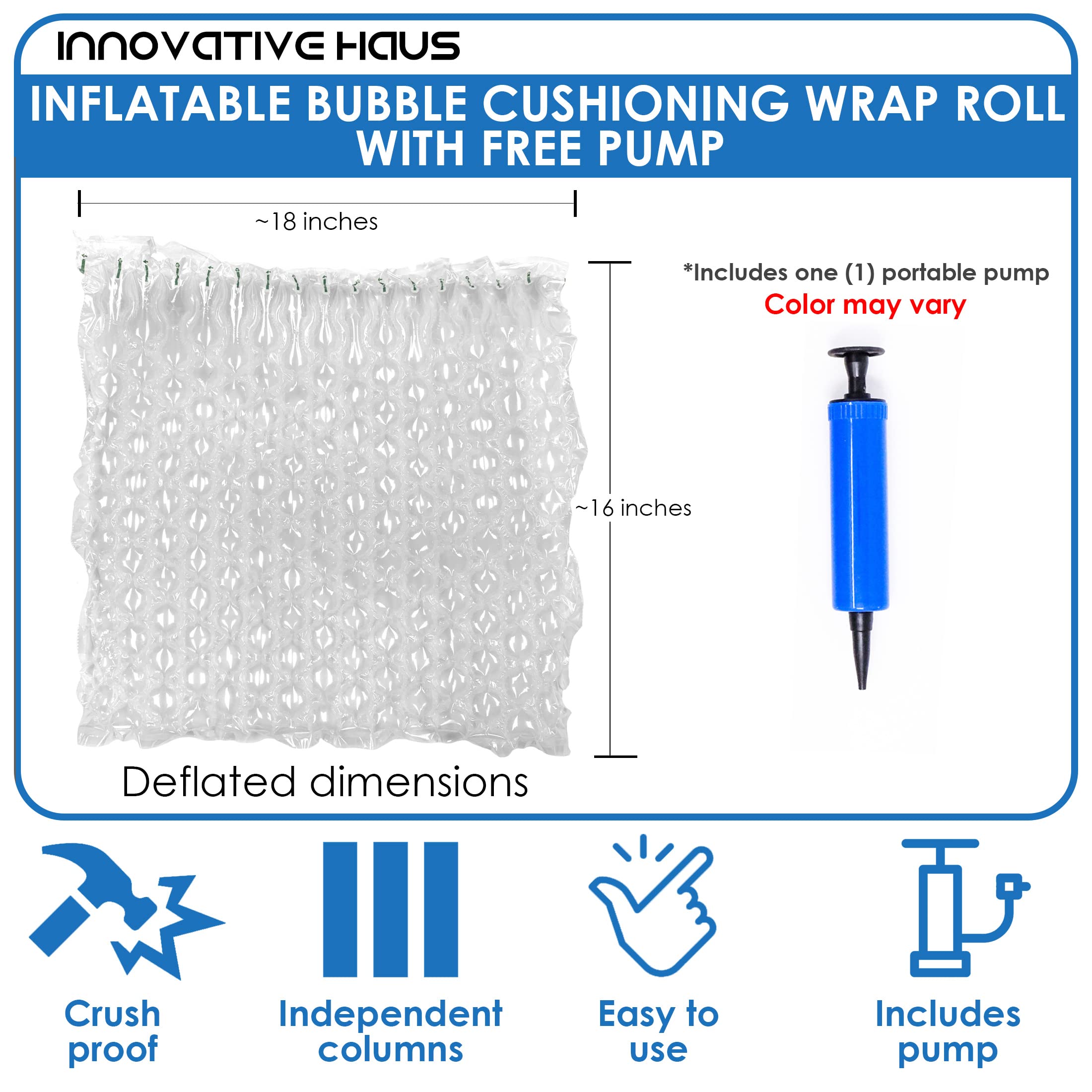 Innovative Haus 16 Inch x 72 Feet Inflatable Bubble Cushioning Wrap with Free Pump - Air Pillows for Shipping - Column Wrap for Heavy Duty Packing and Shipping Packaging