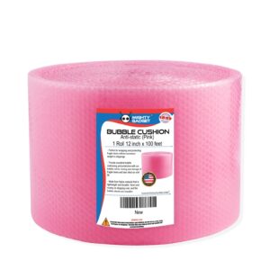 mighty gadget 100 ft anti-static small bubble perforated every 12” cushioning wrap for moving & shipping bubble packing wrap for extra protection clear bubble roll moving supplies (pink)