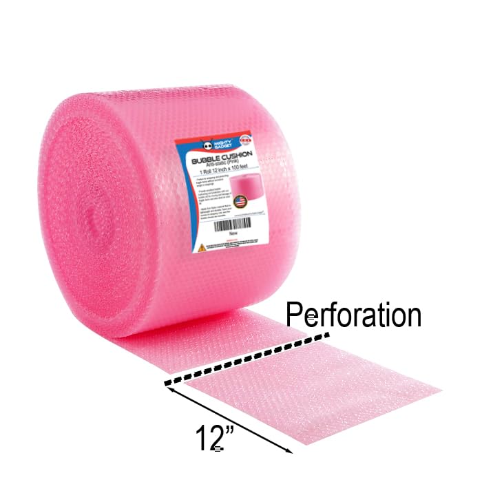 Mighty Gadget 100 ft Anti-static Small Bubble Perforated Every 12” Cushioning Wrap for Moving & Shipping Bubble Packing Wrap for Extra Protection Clear Bubble Roll Moving Supplies (Pink)