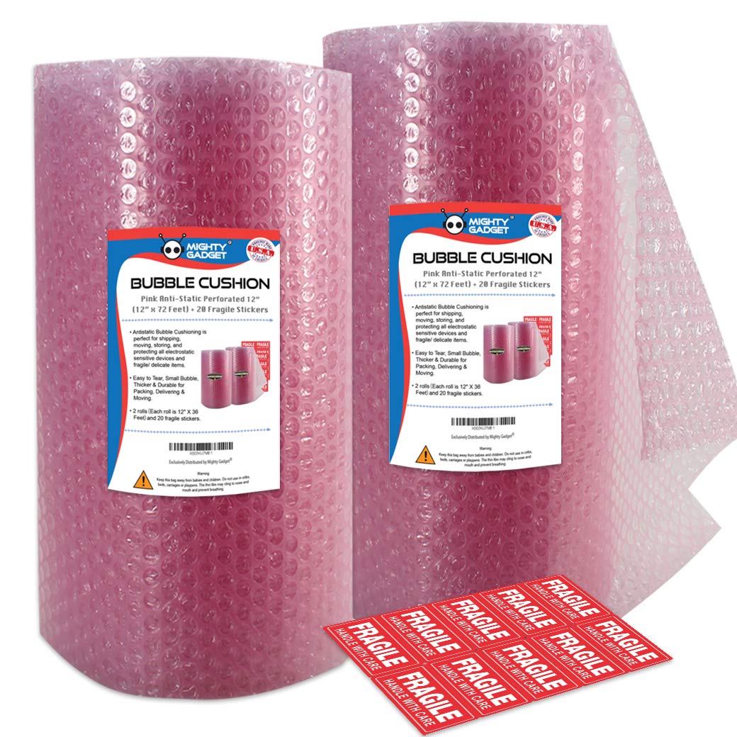 Mighty Gadget Pink Anti-Static Bubble Cushioning Wrap Rolls for Moving & Packaging with Perforated Line Every 12"(12" x72 Feet, 36’/Roll) + Free Fragile Labels