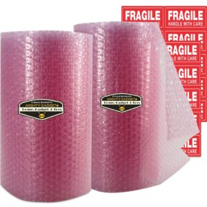 Mighty Gadget Pink Anti-Static Bubble Cushioning Wrap Rolls for Moving & Packaging with Perforated Line Every 12"(12" x72 Feet, 36’/Roll) + Free Fragile Labels