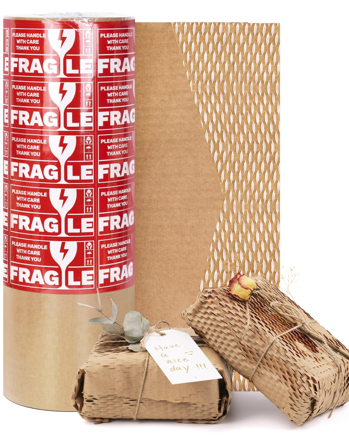 Honeycomb Packing Paper Wrap 15” x 315’, Brown Recycled Moving Supplies Eco-Friendly Bubble Paper Packing Wrapping for Fragile Items, Glassware, Ceramics, Electronics and Decorations Packaged Bouquet