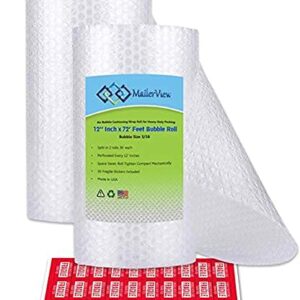 Air Bubble Cushioning Wrap large Rolls for Heavy-Duty Packing, Moving, Shipping, Packaging Boxes Mailers | 12 Inch x 72 Feet Total, Perforated Every 12"| 2 Pack, 36' Roll | 30 Fragile Sticker|USA Made