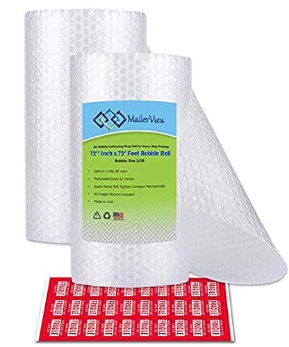 Air Bubble Cushioning Wrap large Rolls for Heavy-Duty Packing, Moving, Shipping, Packaging Boxes Mailers | 12 Inch x 72 Feet Total, Perforated Every 12"| 2 Pack, 36' Roll | 30 Fragile Sticker|USA Made