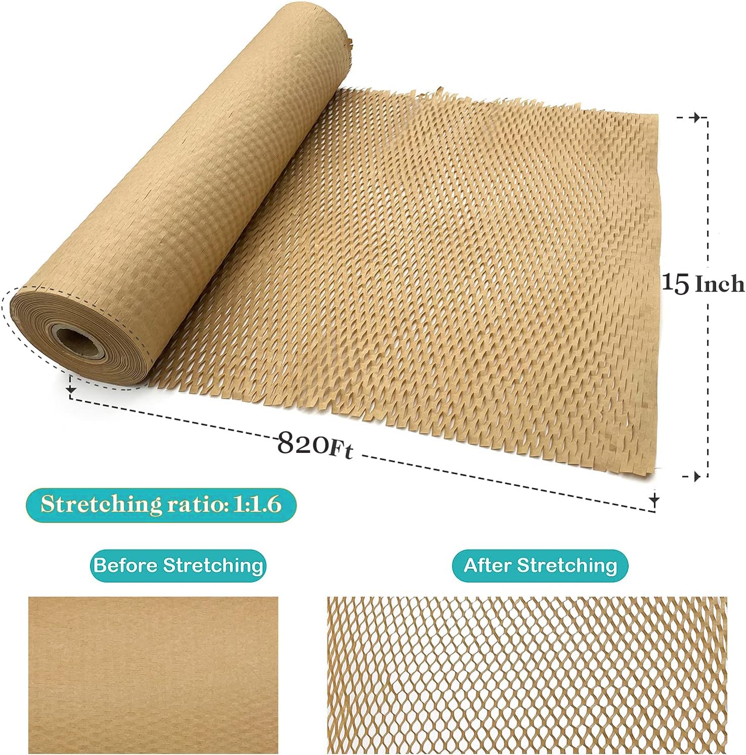 Eco Friendly Honeycomb Packing Paper, 15" x 820' Honeycomb Cushioning Wrap Roll for Moving Shipping Packaging Gifts, Recyclable Honeycomb Paper Moving Supplies Bubble Paper Wrapping Protective Roll