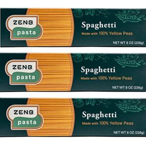 zenb plant based spaghetti - made from 100% yellow peas, gluten free pasta, non-gmo, vegan, certified kosher, 17g of protein & 11g of fiber in every 3 oz serving, spaghetti - 8 oz boxes (pack of 3)