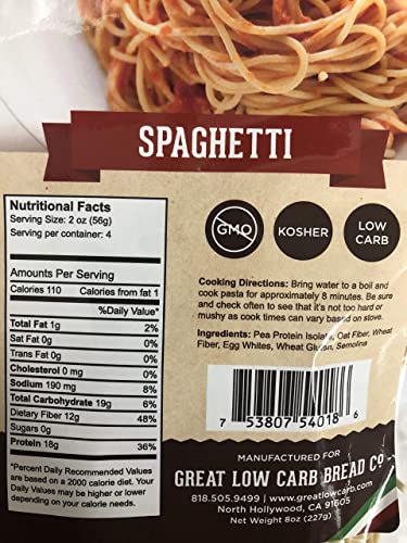 Low Carb Pasta, Keto Pasta, Great Low Carb Bread Company, Non GMO, Spaghetti Pasta 8 oz.