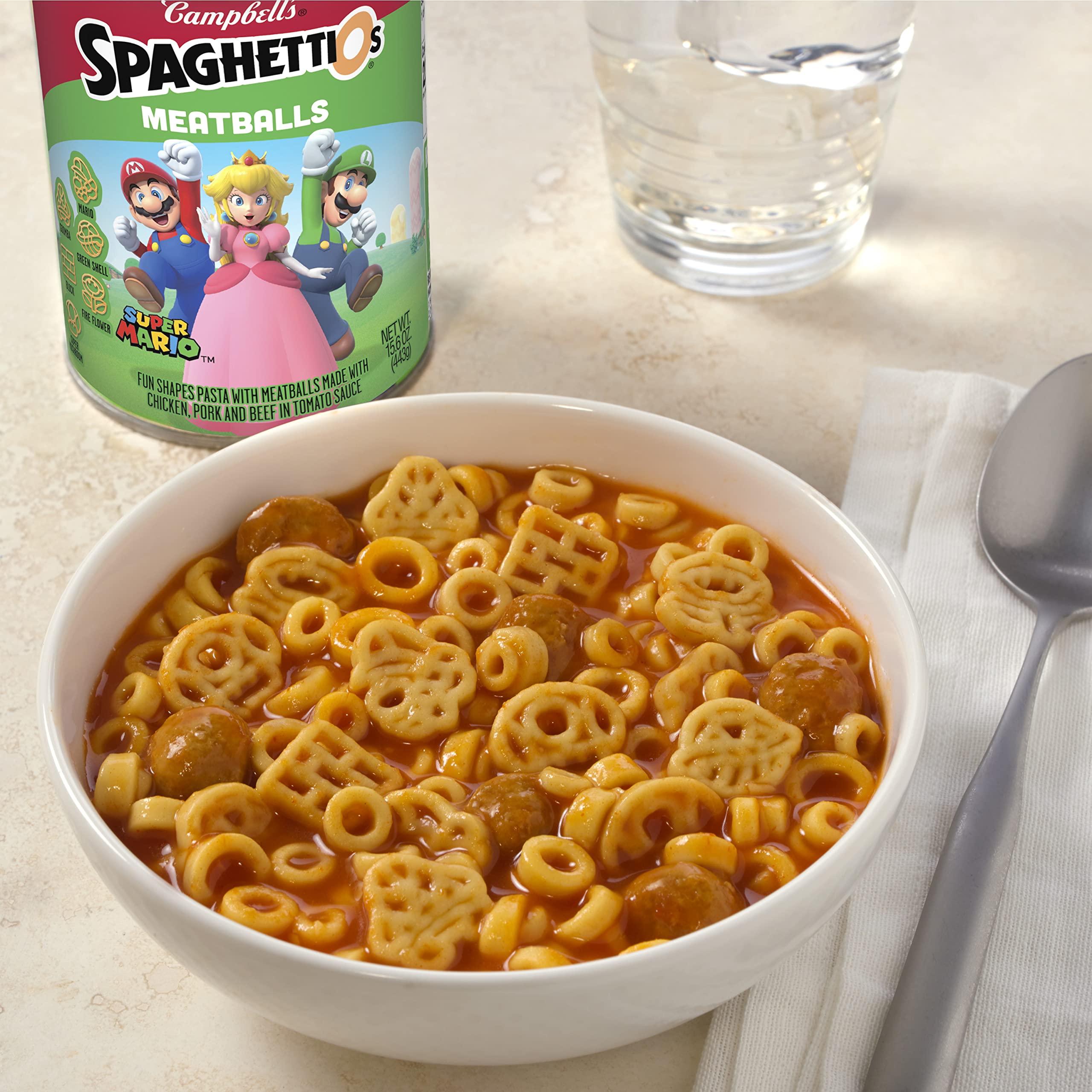 SpaghettiOs Super Mario Bros Canned Pasta with Meatballs, 15.6 oz Can (Pack of 12)