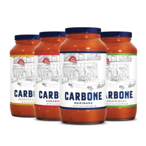 carbone pasta sauce variety pack of tomato basil, marinara, arrabbiata, roasted garlic, tomato sauce made with fresh, natural ingredients, non gmo, vegan, gluten free, low carb, 24 fl oz (pack of 4)