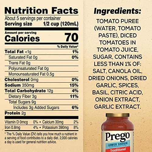 Prego Traditional Lower Sodium Pasta Sauce, 23.5 Oz Jar