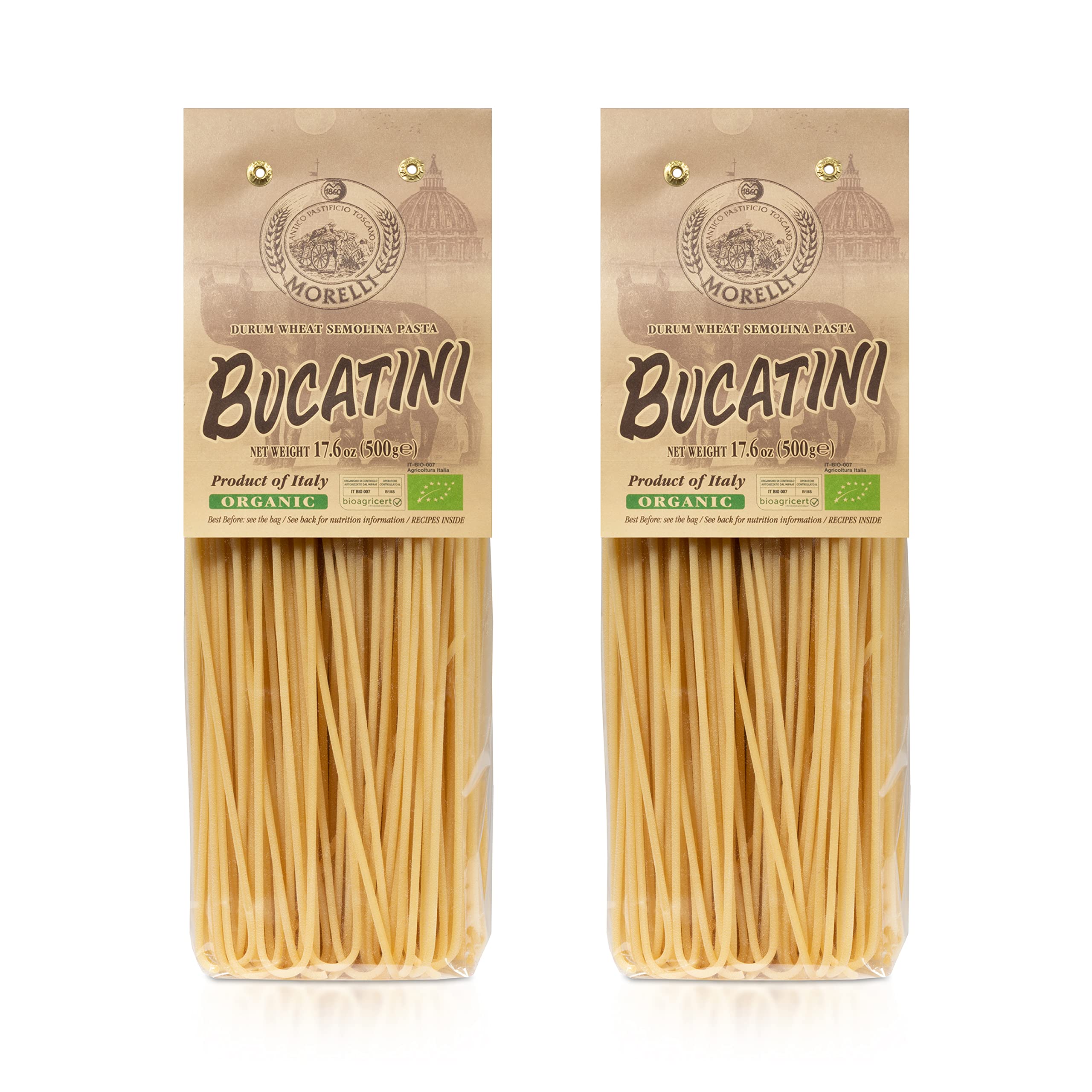 Morelli Bucatini Pasta Noodles - Premium Organic Italian Pasta from Italy - Handcrafted, Family Owned Gourmet Pasta Brand - Durum Wheat Semolina Pasta 17.6oz / 500g - Pack of 2