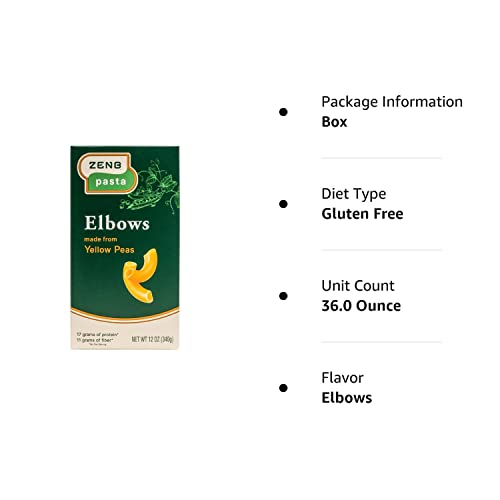 ZENB Plant Based Elbow Pasta - Made From 100% Yellow Peas, Gluten Free, Non-GMO & Vegan, 20g of Protein & 12g of Fiber In Every Serving - (Pack of 3)