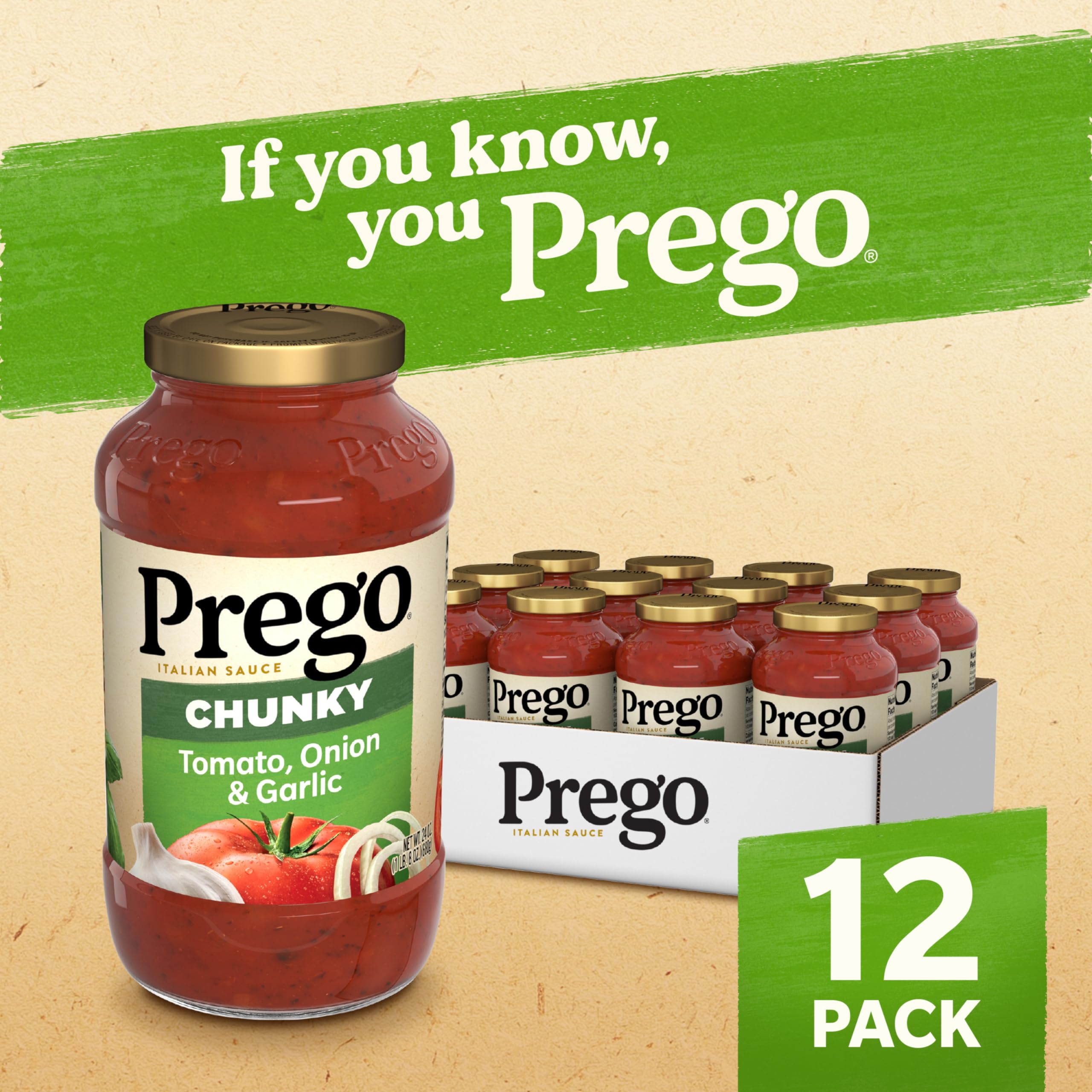 Prego Chunky Tomato with Garlic and Onion Pasta Sauce, 24 Oz Jar (Case of 12)