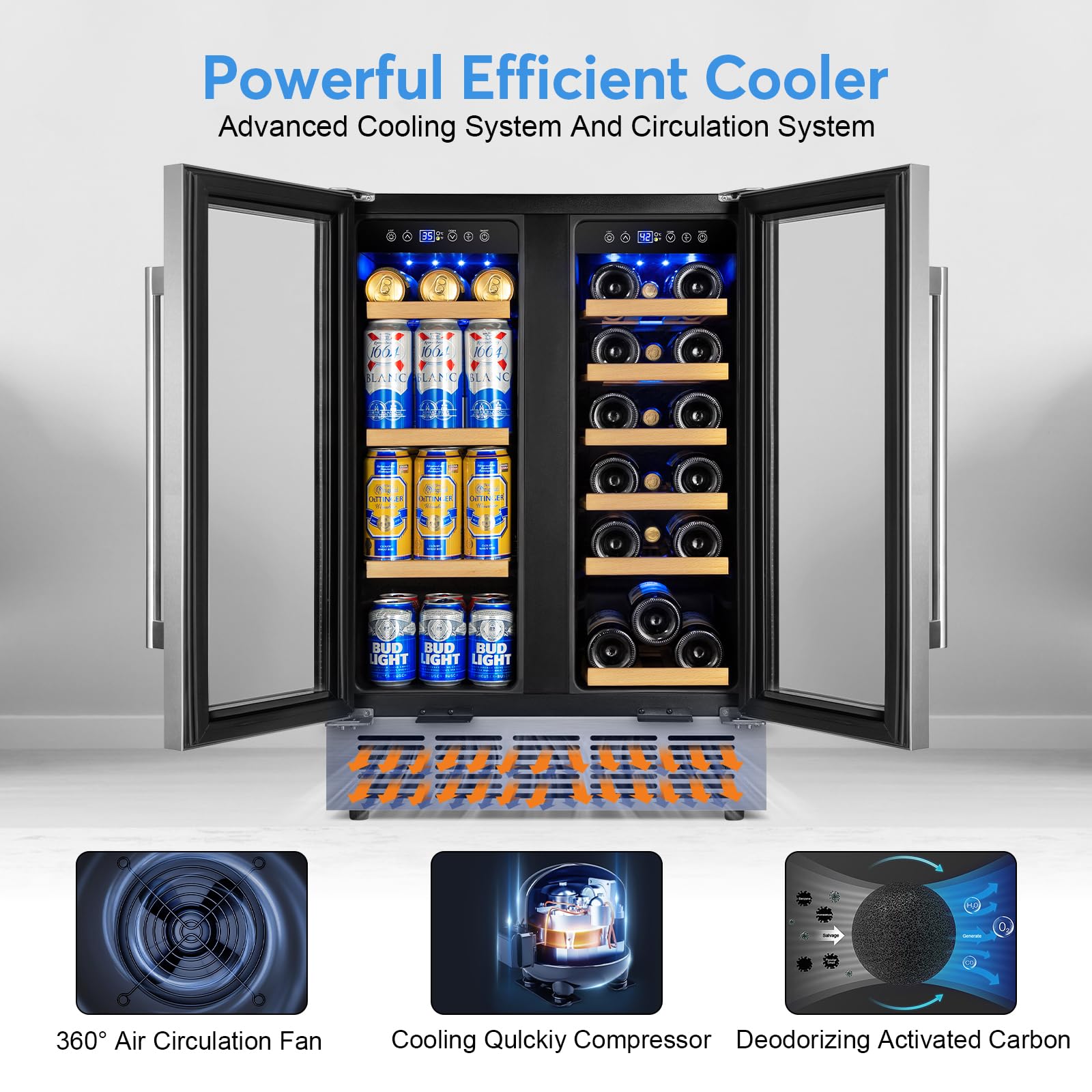 Wine and Beverage Refrigerator with Glass Door, 24-Inch Dual Zone Wine Fridge Under Counter - 18 Bottle and 65 Can Large Capacity Led Blue Light Smart Fast Cooling Wine Cooler