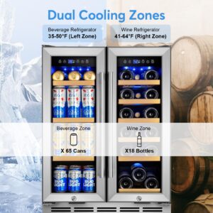 Wine and Beverage Refrigerator with Glass Door, 24-Inch Dual Zone Wine Fridge Under Counter - 18 Bottle and 65 Can Large Capacity Led Blue Light Smart Fast Cooling Wine Cooler