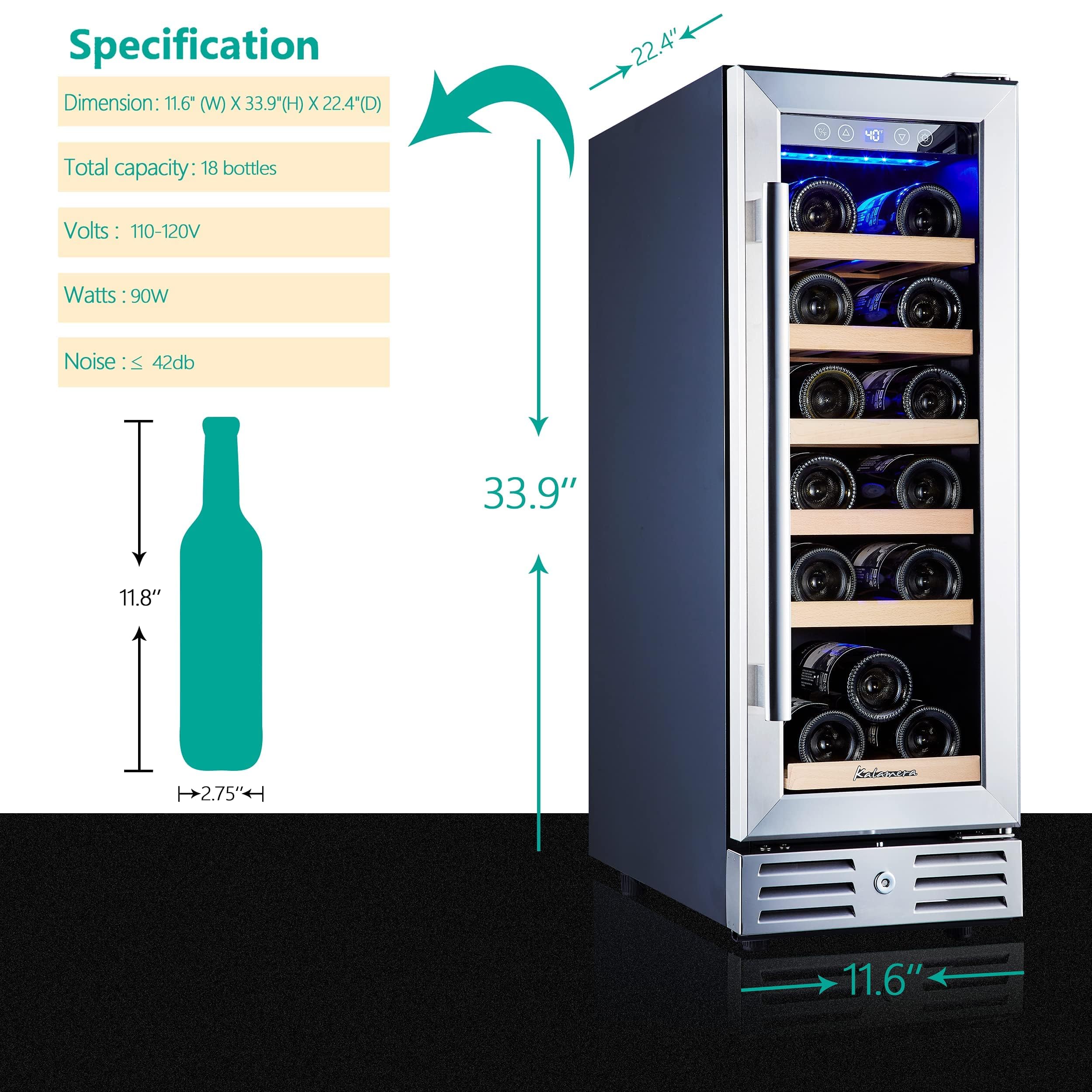 Kalamera Mini Fridge 18 Bottle - 12 inch Wine Cooler Refrigerator, Built-in or Freestanding, with Stainless Steel & Double-Layer Tempered Glass Door, and Temperature Memory Function Wine Fridge