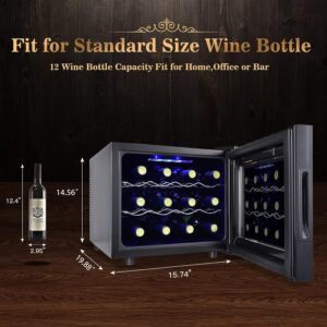 Wine Cooler Refrigerator 12 Bottle Freestanding Wine Cellar for White, Red, Champagne or Sparkling Wine,Compressor Wine Chiller Digital Temperature Control Fridge Glass Door