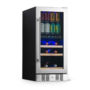 newair 15” wine, beer, beverage refrigerator cooler | 9 bottle, 48 can capacity | stainless steel built-in or freestanding dual zone drink fridge |triple-pane glass door, digital temperature control