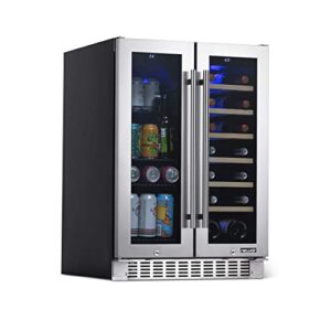 newair 24” wine and beverage refrigerator, 18 bottle and 60 can dual zone wine fridge, built-in wine cooler, stainless steel mini fridge for bedroom, kitchen cabinet, bar cabinet, home office