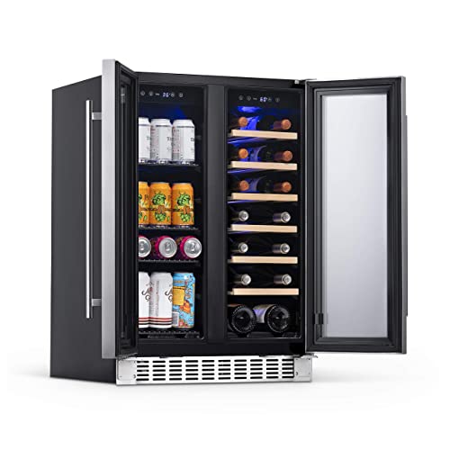 NewAir 24” Wine and Beverage Refrigerator, 18 Bottle and 60 Can Dual Zone Wine Fridge, Built-in Wine Cooler, Stainless Steel Mini Fridge for Bedroom, Kitchen Cabinet, Bar Cabinet, Home Office