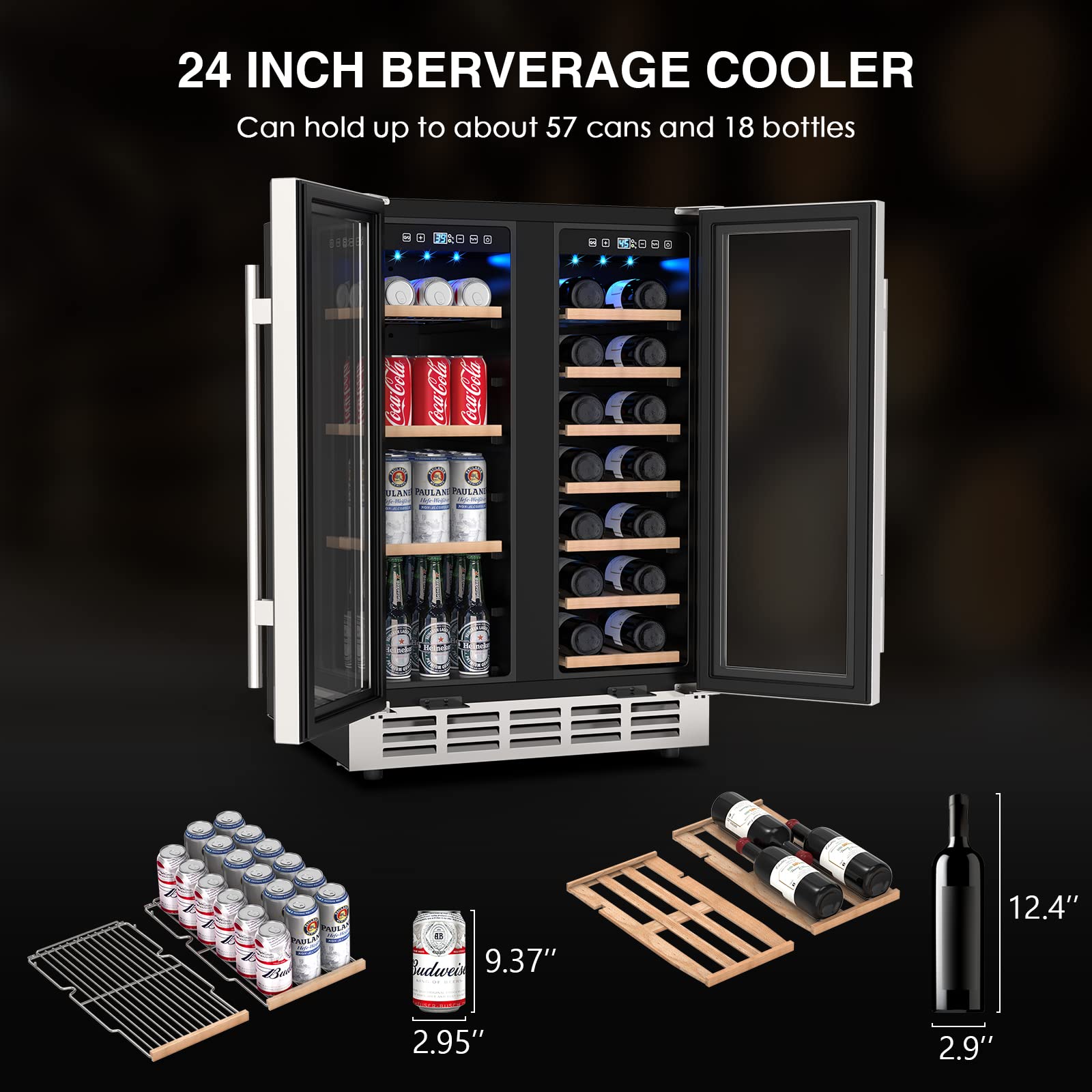 Mojgar Wine and Beverage Refrigerator, 24 Inch Dual Zone Wine Fridge with 2 Safety Locks, Under Counter Wine Cooler Fridge Built-In or Freestanding, Holds 20 Bottles and 57 Cans (Double Glass Door)