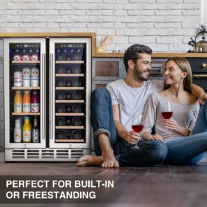 Mojgar Wine and Beverage Refrigerator, 24 Inch Dual Zone Wine Fridge with 2 Safety Locks, Under Counter Wine Cooler Fridge Built-In or Freestanding, Holds 20 Bottles and 57 Cans (Double Glass Door)