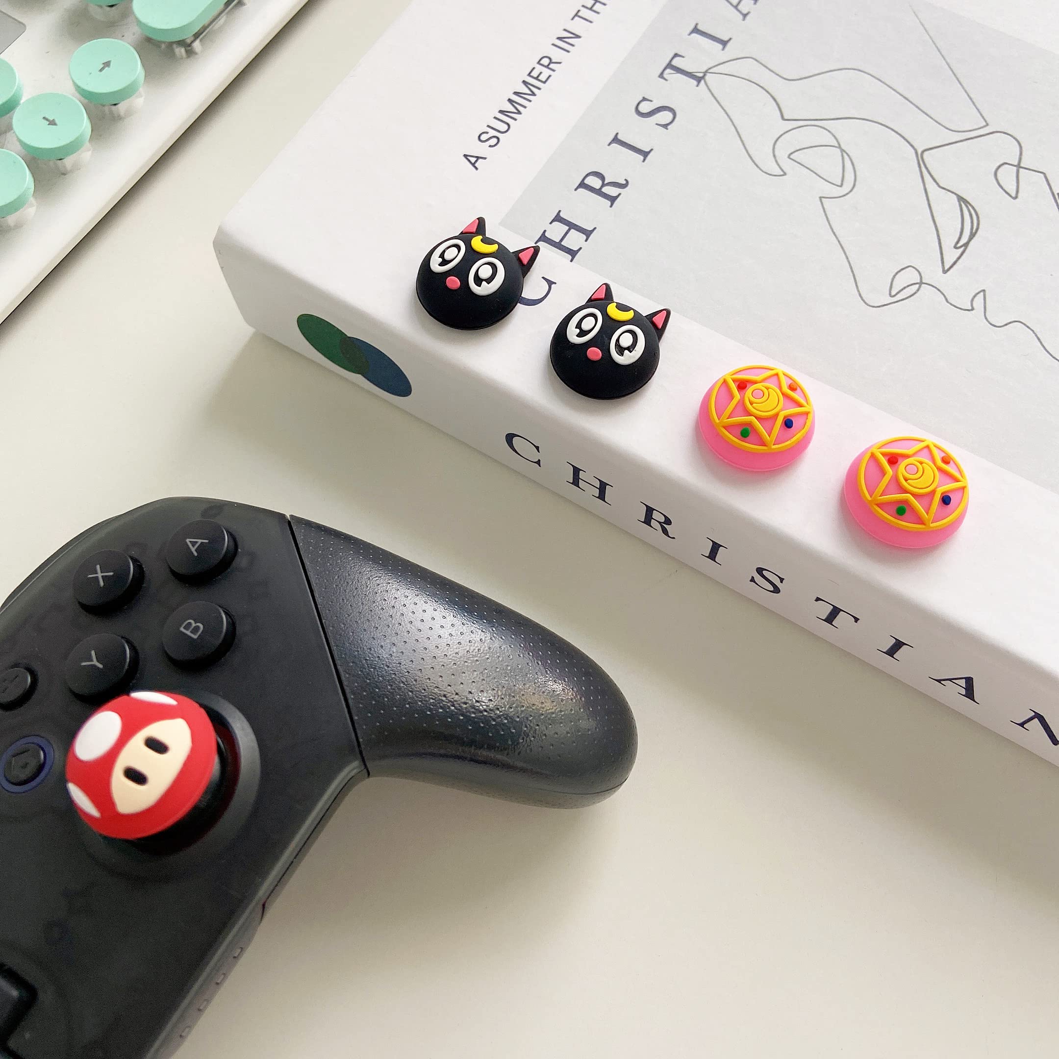 PERFECTSIGHT Cute Thumb Grip Caps for Playstation 4/5, PS5, PS4, Xbox Series X/S, Xbox One, Switch PRO Controller, 4PCS Kawaii Soft Skin Rubber 3D Analog Thumbsticks Grips Joystick Cover Set - Mario