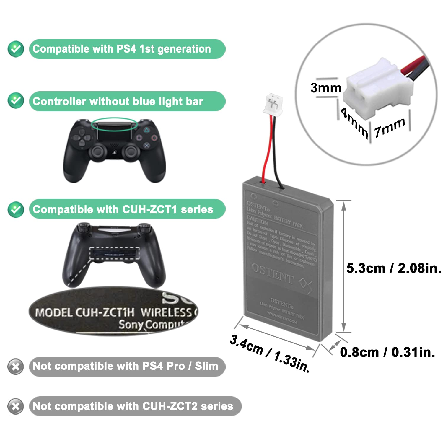 OSTENT 3.65V 1000mAh LIP1522 Rechargeable Li-ion Battery Pack for Sony PS4 Bluetooth Wireless Dual Shock Controller CUH-ZCT1 Series (CUH-ZCT1E/CUH-ZCT1U) First Generation Old Version Big Connector