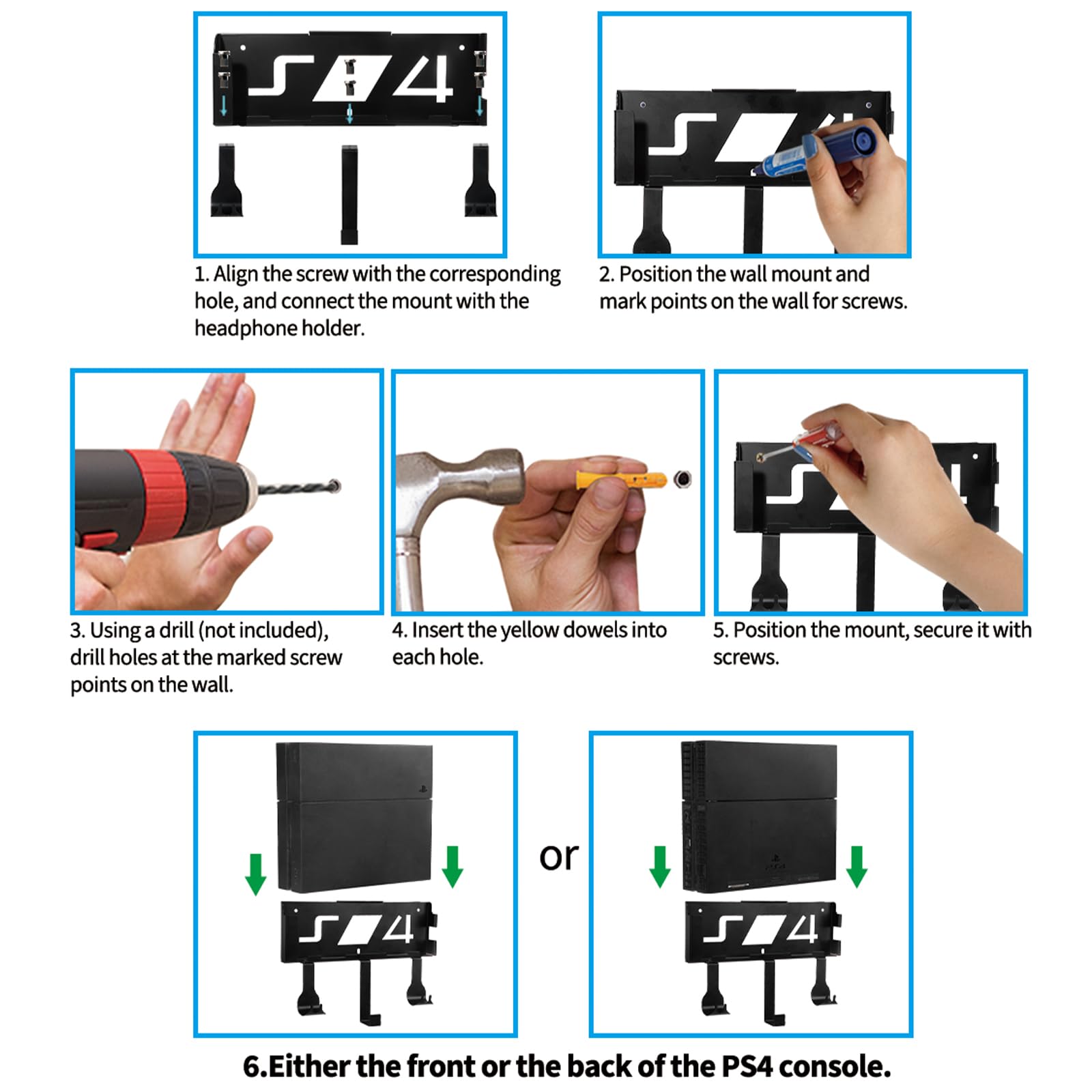 Wall Mount for PS4, Stealth Wall Mount for PS4 Original (Old Model), with Detachable 2 Controller Holder & Headphone Hanger, Mount on The Wall or on The Back of The TV