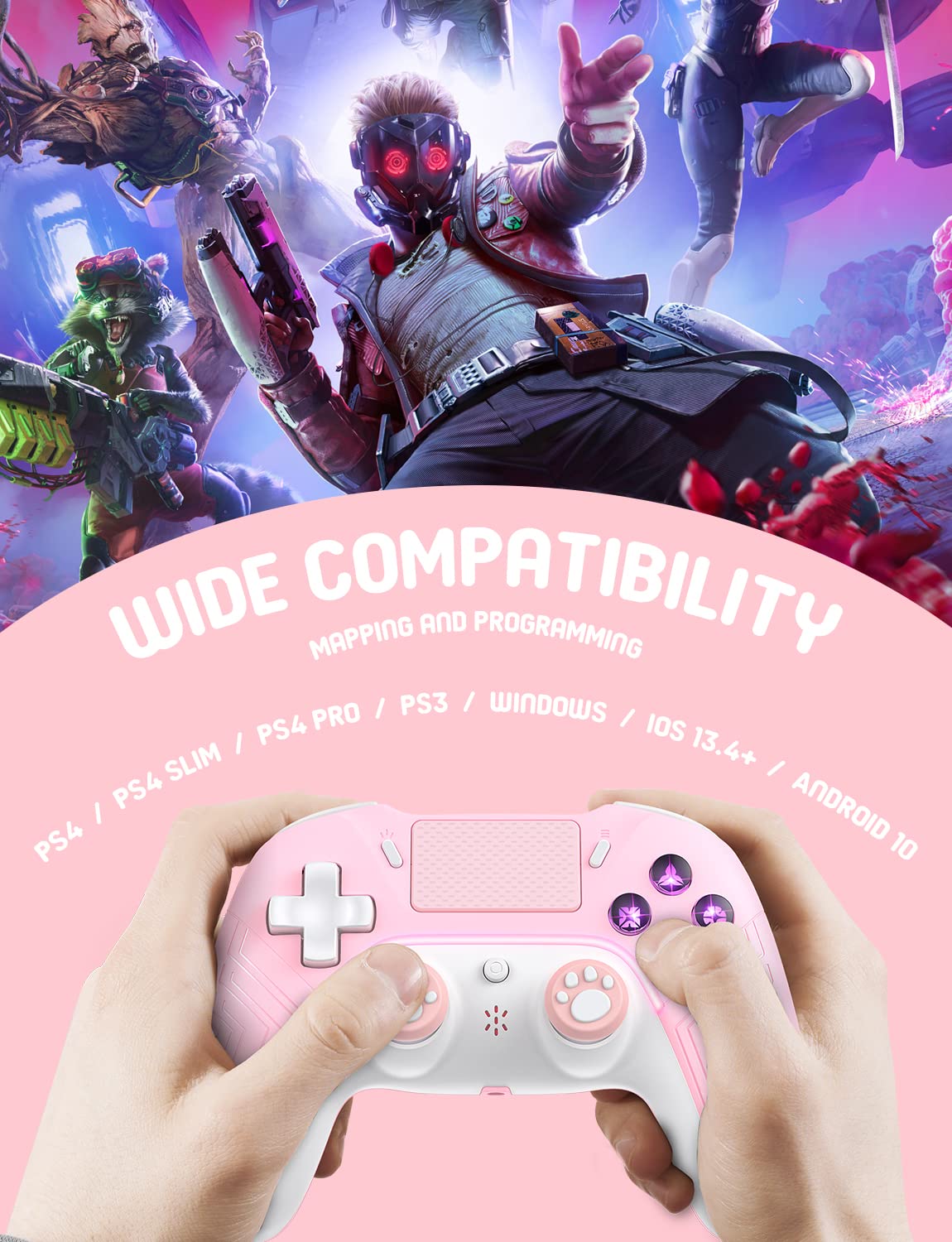 PHNIXGAM Pink Wireless Controller Compatible with Ps4/Ps4 Pro/Ps4 Slim/PC/iOS 13.4 Above/Android 10, Gaming Controller with Touchpad, Motion Sensor, Speaker, Headphone Jack, LED and Back Button