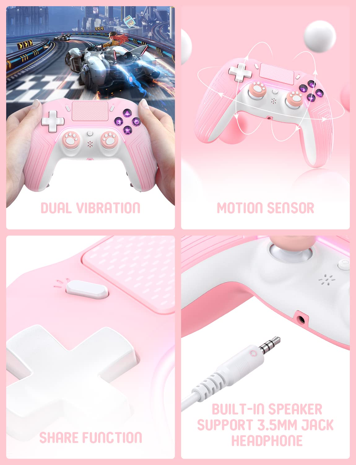 PHNIXGAM Pink Wireless Controller Compatible with Ps4/Ps4 Pro/Ps4 Slim/PC/iOS 13.4 Above/Android 10, Gaming Controller with Touchpad, Motion Sensor, Speaker, Headphone Jack, LED and Back Button