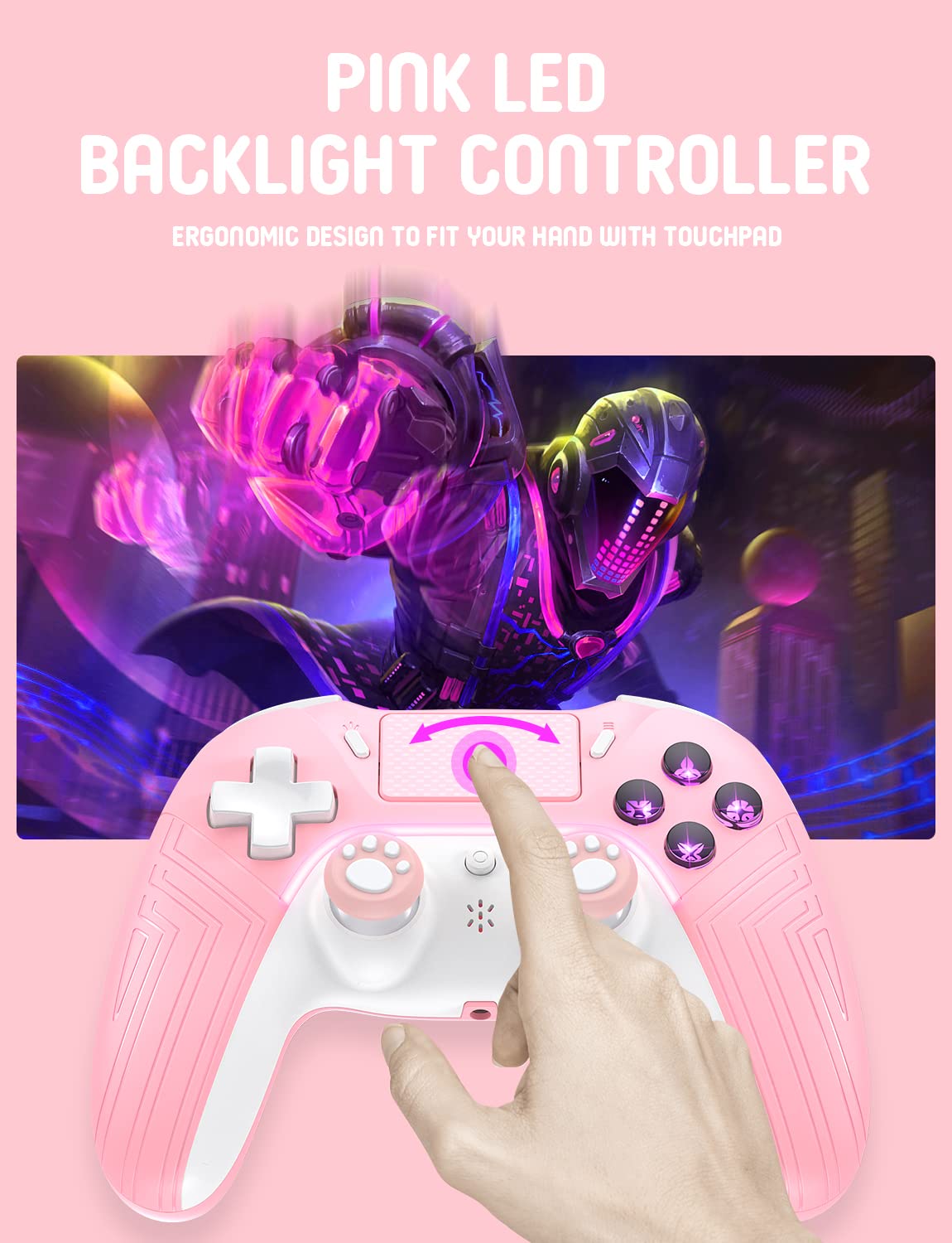 PHNIXGAM Pink Wireless Controller Compatible with Ps4/Ps4 Pro/Ps4 Slim/PC/iOS 13.4 Above/Android 10, Gaming Controller with Touchpad, Motion Sensor, Speaker, Headphone Jack, LED and Back Button