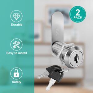 LAIWOO Cabinet Locks with Keys, 2 Pack 1-1/8 Inch Cylinder Lock Cabinet Cam Lock Set for Secure File Drawer Mailbox RV Camper Door Tool Box, Zinc Alloy