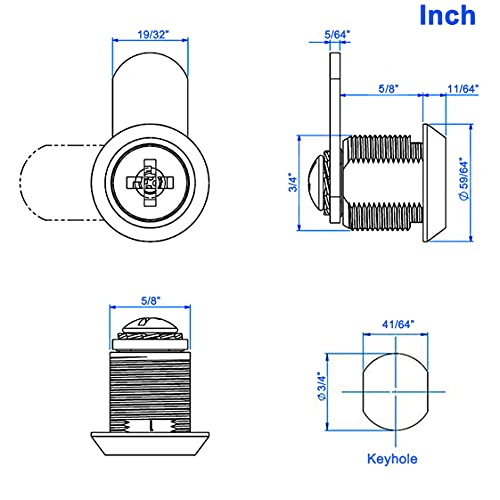 WOOCH Cabinet Cam Lock, 5/8 Inch Keyed Alike Cam Locks Secure File Drawer Door Mailbox Tool Box Dresser RV Cylinder Replacement Lock Hardware, Fits on 1/2" Max Panel Thickness (4 Pack)