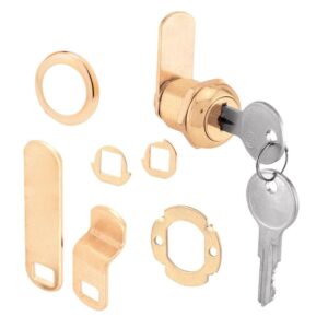 prime-line u 9942 drawer and cabinet lock – secure important files and drawers, 5/8 in., diecast housing with brass finish, fits on 5/16 in. max panel thickness (1 kit)