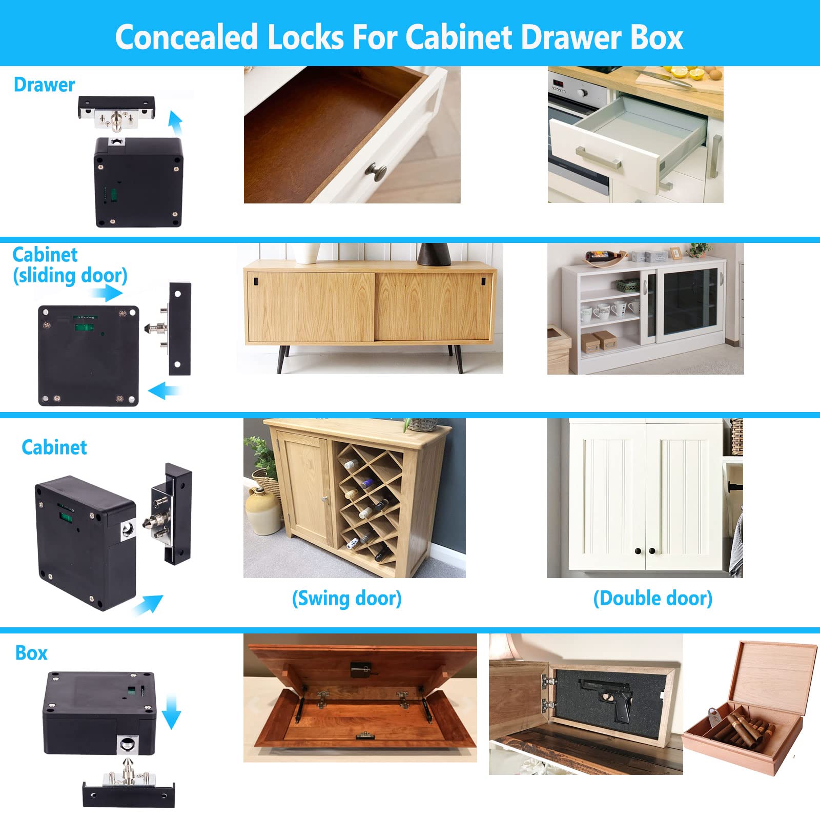 Hidden RFID Cabinet Lock, Smart NFC Electronic Locks with Slide Latch Lock for Double Door Wooden Cabinet Drawer