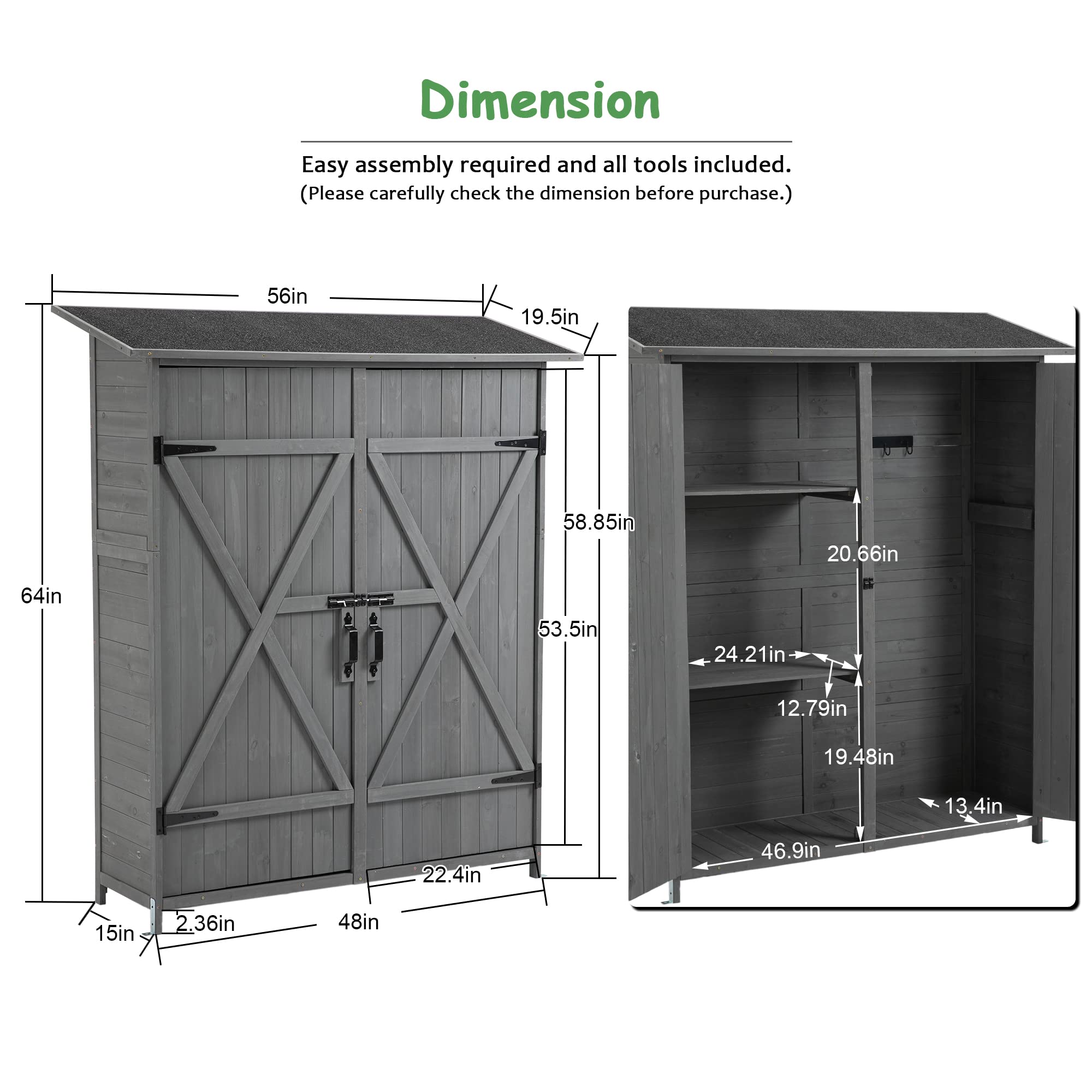 Tmsan Outdoor Storage Cabinet Shed with Waterproof Roof, Detachable Shelves & Double Locks, Wood Vertical Tool Storage Box for Patio, Garden, Backyard, Grey