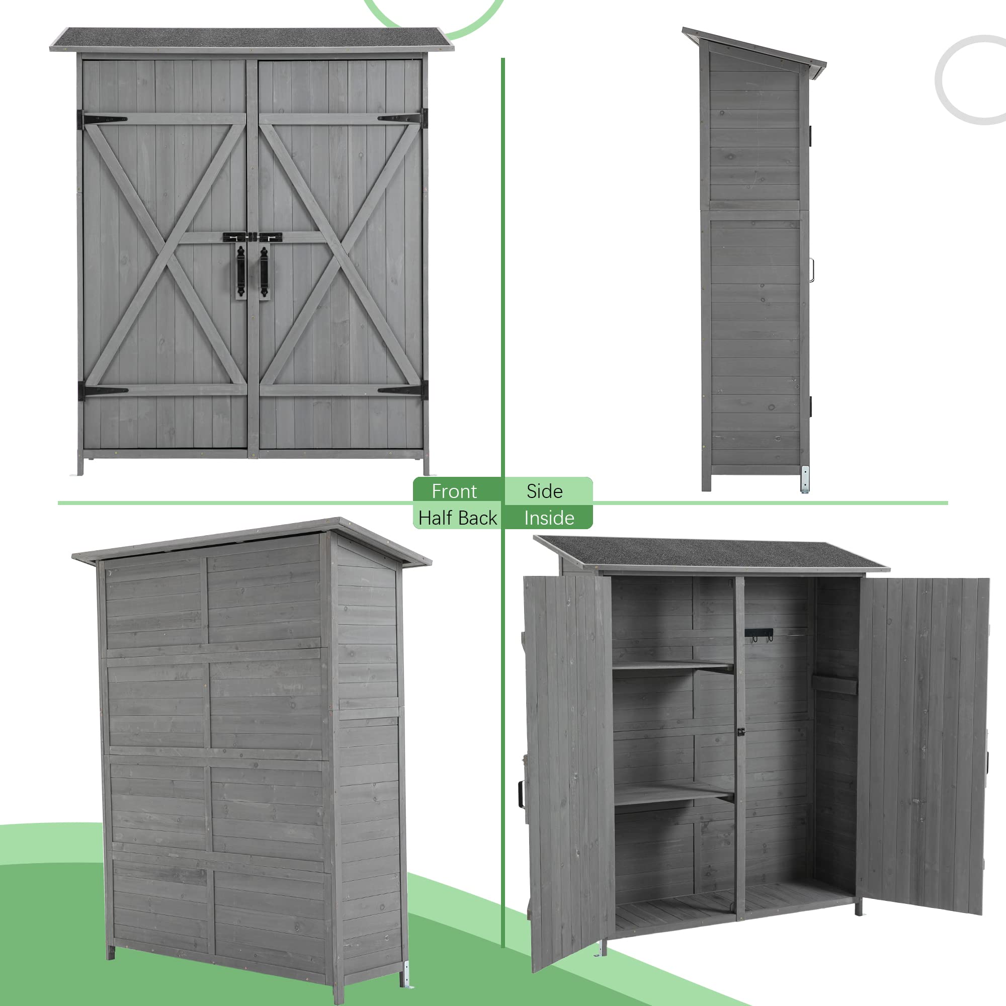 Tmsan Outdoor Storage Cabinet Shed with Waterproof Roof, Detachable Shelves & Double Locks, Wood Vertical Tool Storage Box for Patio, Garden, Backyard, Grey