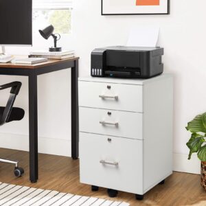 3 drawer rolling file cabinet with lock, wood under desk filing cabinet fits letter/legal/a4 size for home office，3-drawer mobile file cabinet white 15.75" l x 15.75" w x 26.1" h