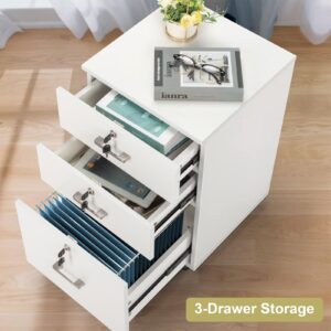 3 Drawer Rolling File Cabinet with Lock, Wood Under Desk Filing Cabinet fits Letter/Legal/A4 Size for Home Office，3-Drawer Mobile File Cabinet White 15.75" L x 15.75" W x 26.1" H