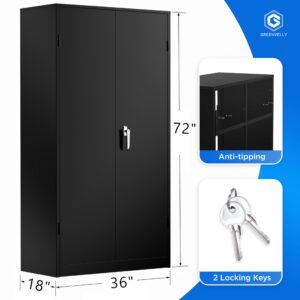 Greenvelly Metal Garage Storage Cabinet, 72'' Tall Storage Cabinet with 2 Doors and 4 Adjustable Shelves, Steel Lockable Tool Cabinets for Home Office, Garage, Basement, School (Black)